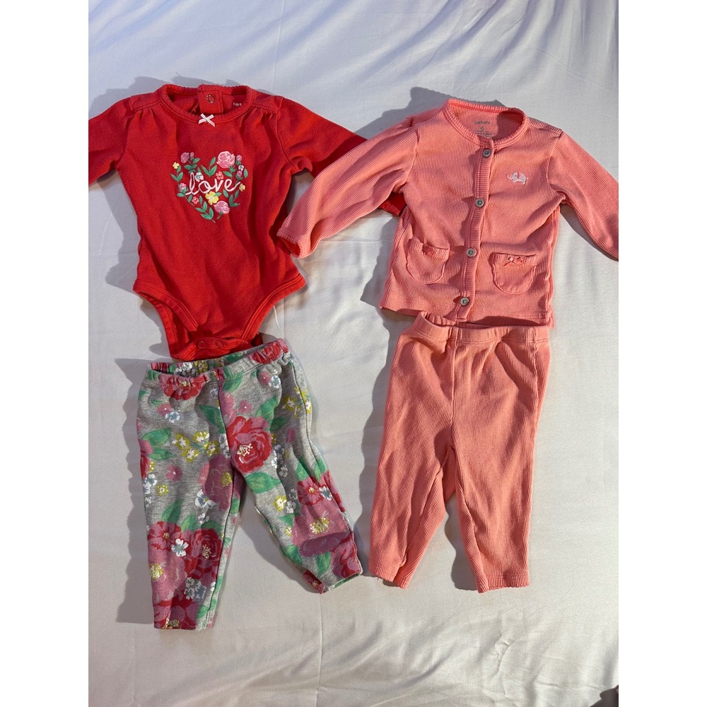 Carters Baby Girl 4 Piece Outfit Set Red Floral Bodysuit Ribbed Cardigan 6 Month